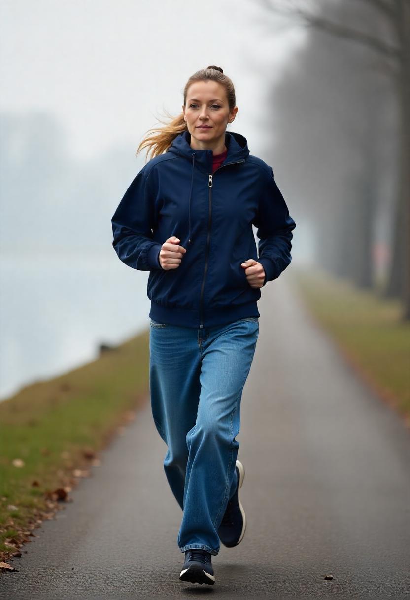 A woman in baggy jeans, windbreaker, and scrunchie ponytail, jogging on a riverside path, her baggy jeans clearly shown.