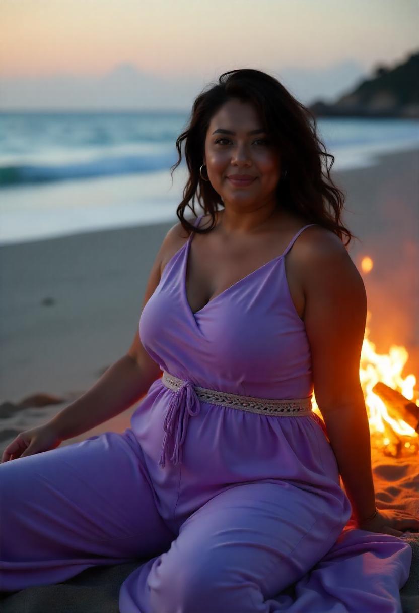 A plus size asian woman in a solid-colored jersey jumpsuit