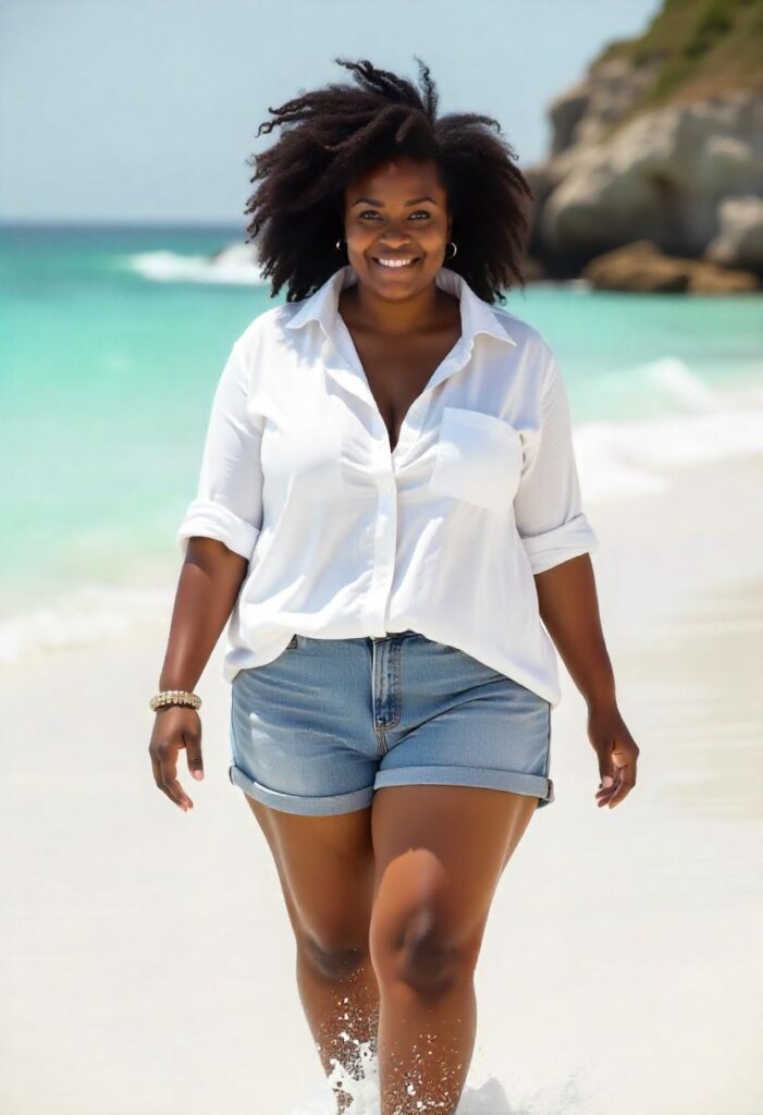 A plus size woman, with big breast in her late 30s, walking on a white beach, and turquoise lagoon behind her, wearing a structured button-up linen shirt, and a denim short