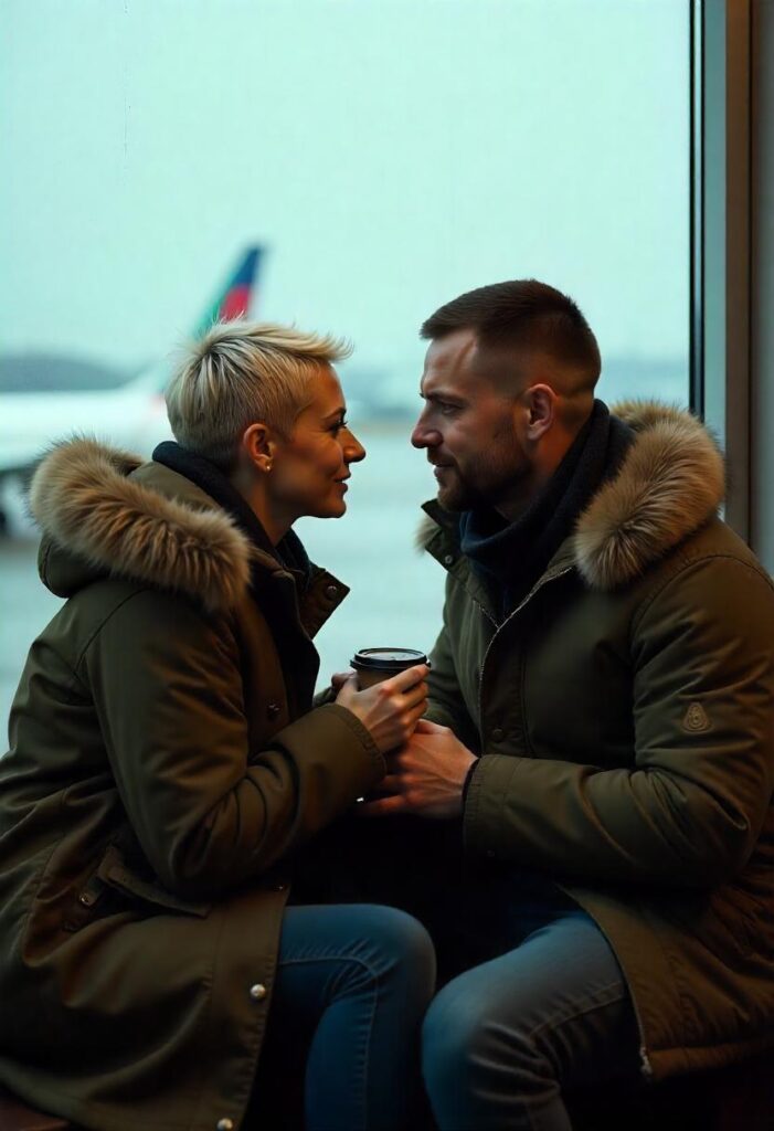 White woman and her Latina husband bundled in matching cozy layers near an airport window—mugs of hot coffee on the floor next to their faux-fur-lined duffels.
