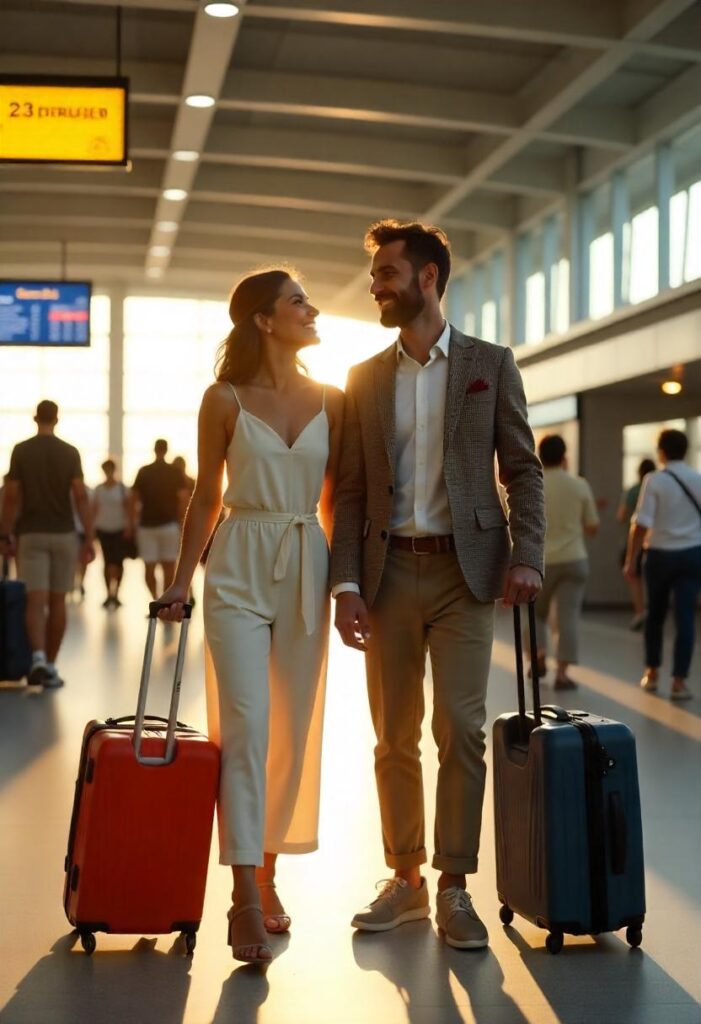 Interracial newlyweds taking a selfie near a flight departure screen—she in a jumpsuit and wedges