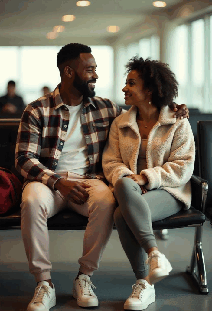 Mixed-race couple looking at each other in the waiting lounge