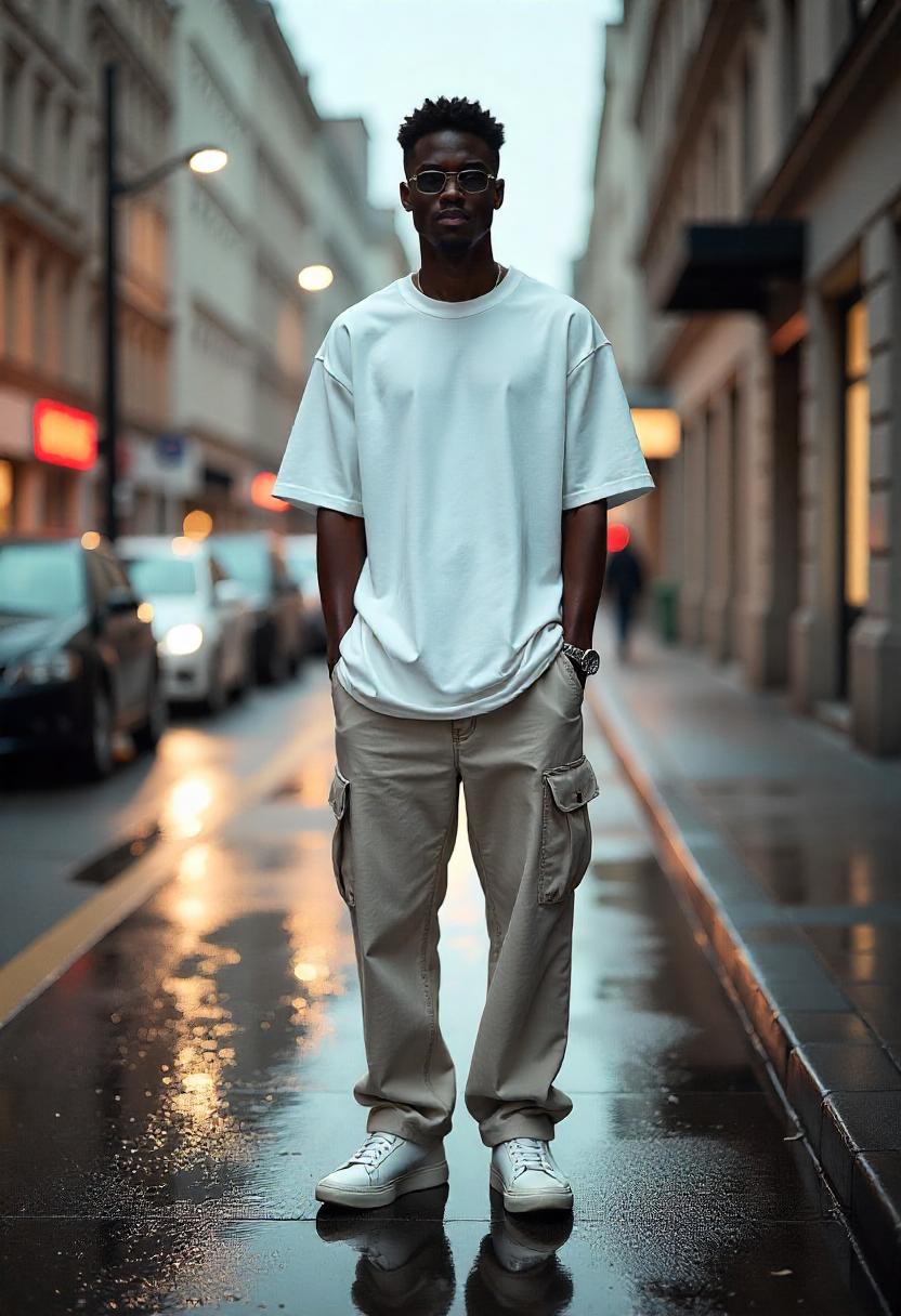 A Black man standing on a sunny sidewalk in oversized baggy light jeans, an oversized white tee, and low-top sneakers, with the full outfit clearly displayed