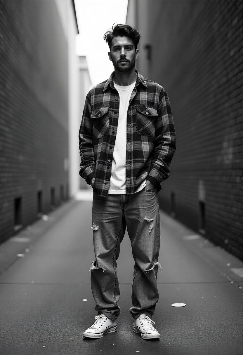 A Latino man standing in an urban alley against a brick wall, wearing distressed oversized baggy jeans, a flannel shirt, and high-top Converse, with the entire outfit fully shown.