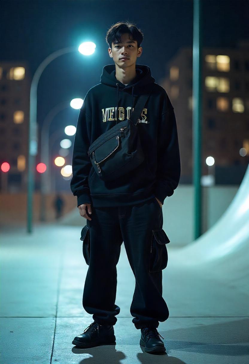 An Asian man standing at a city skate park in oversized black baggy jeans, a graphic hoodie, and a crossbody bag, with his full outfit visible.