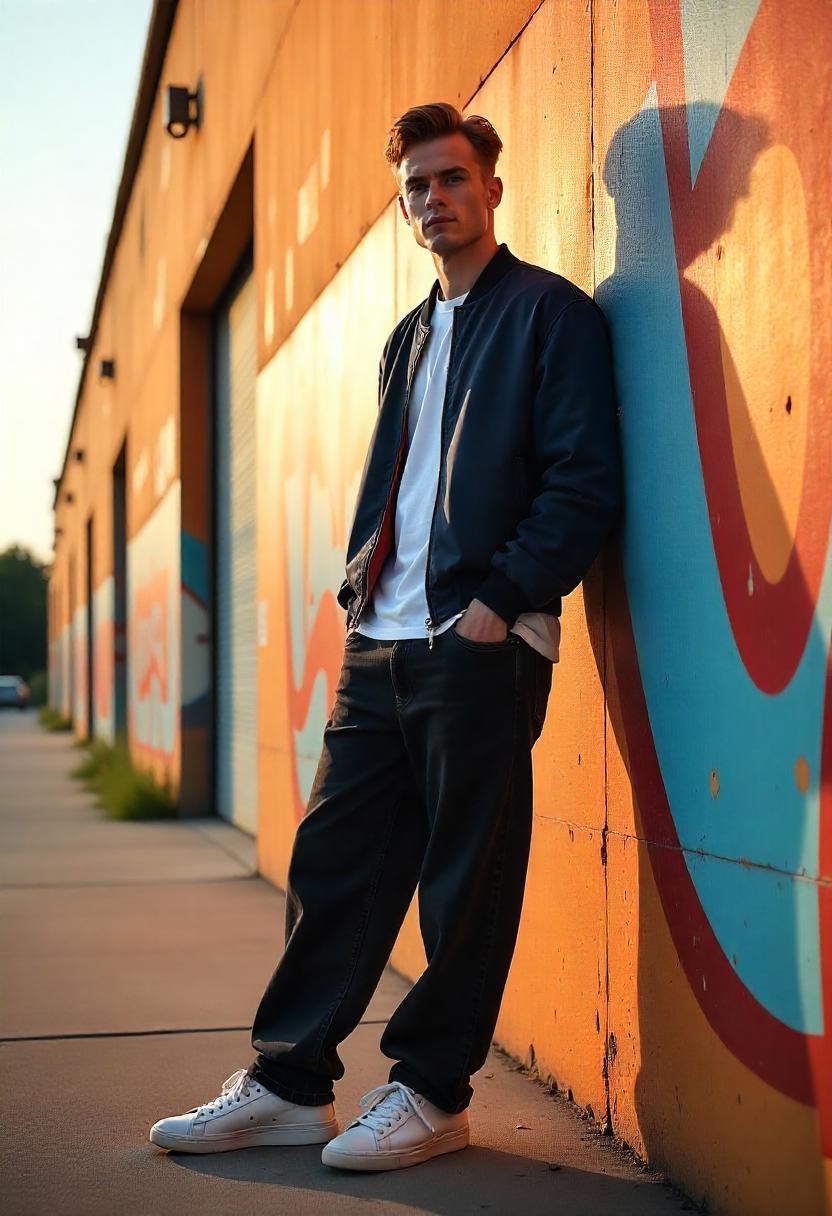 A white man standing near a graffiti-covered warehouse in oversized wide-leg baggy jeans, a bomber jacket, and dad sneakers, outfit completely visible.