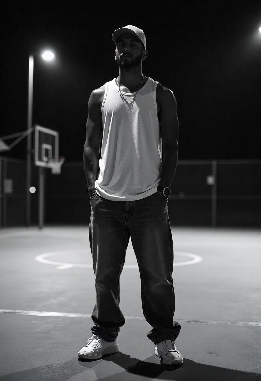 A Middle Eastern man standing on an outdoor basketball court in faded oversized baggy jeans, a relaxed-fit tank, and a snapback cap, with his outfit fully displayed.