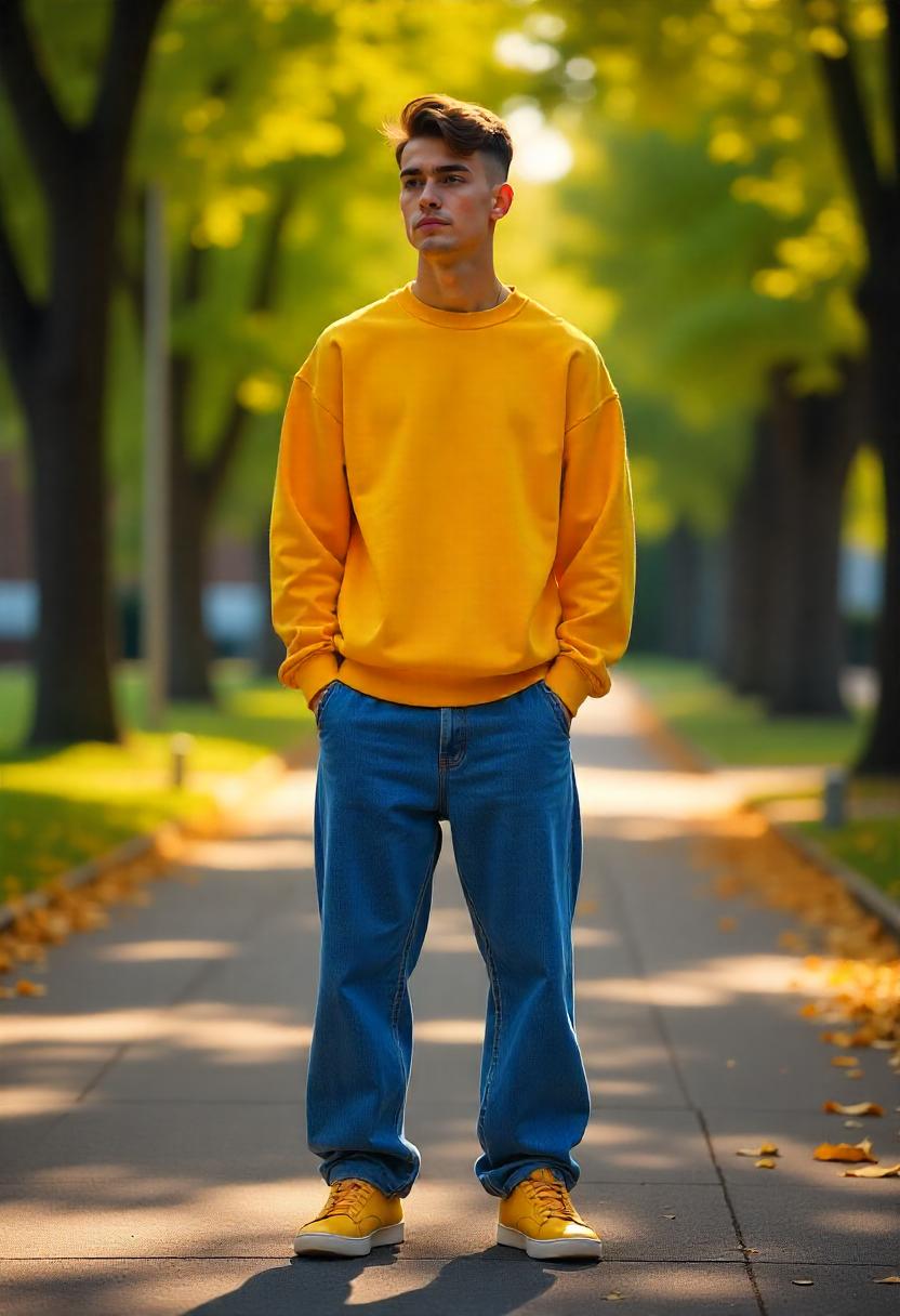 A white man standing on a tree-lined campus path in oversized blue baggy jeans, a crewneck sweatshirt, and classic sneakers, full outfit visible.