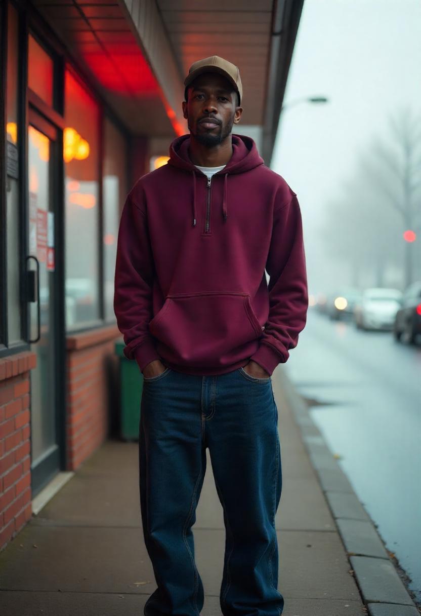 A Black man standing outside a convenience store in oversized loose baggy jeans, a zip-up hoodie, and a baseball cap, with the entire outfit fully displayed.