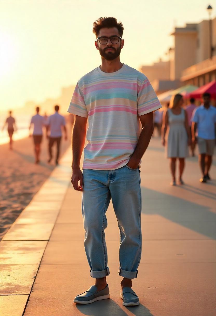 A South Asian man standing along a beachside boardwalk in oversized cuffed baggy jeans, a short sleeve shirt, and slip-on shoes, with the full outfit clearly shown.