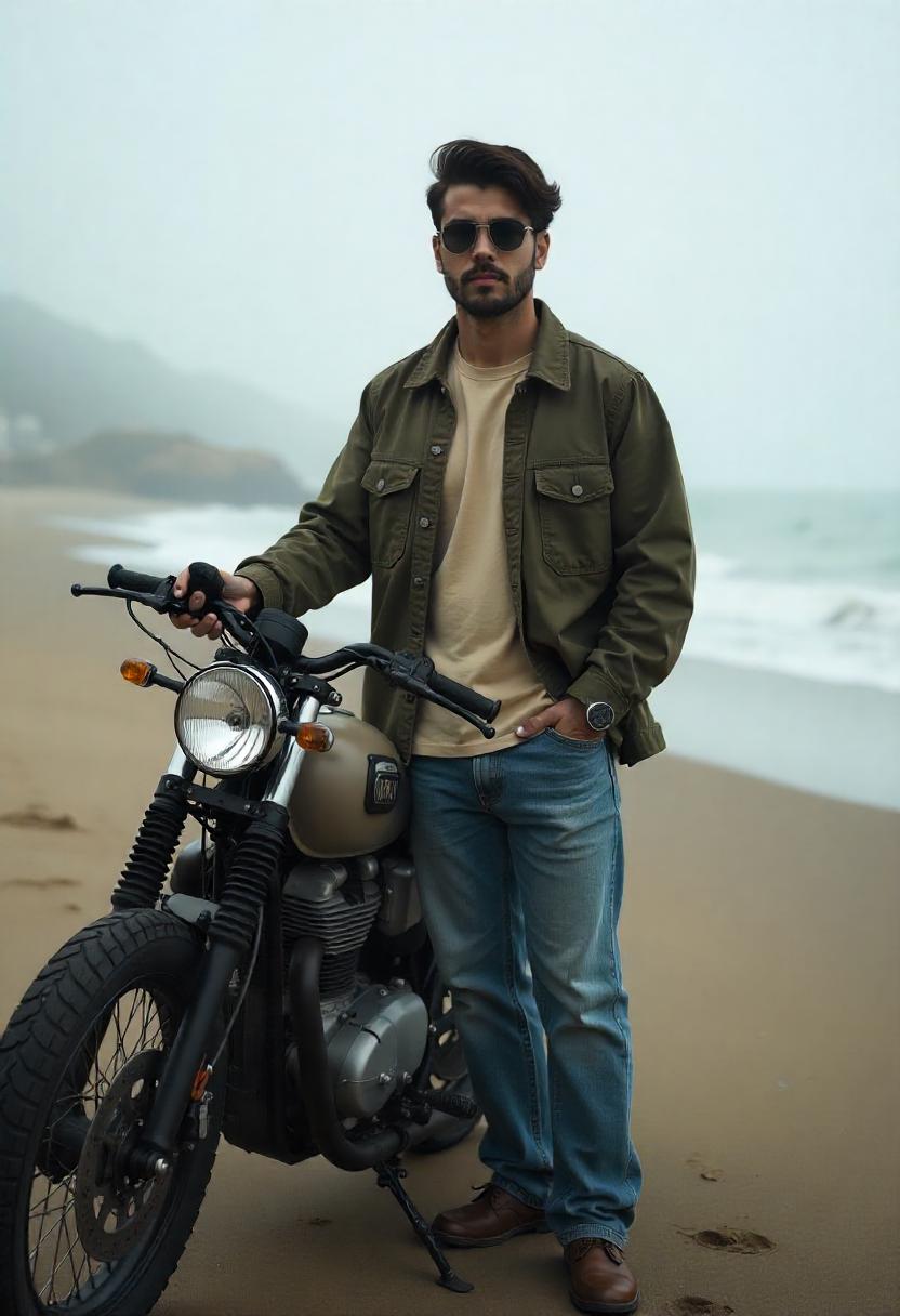 A Latino man standing next to a vintage motorcycle in ripped oversized baggy jeans, a solid-colored tee, and a utility jacket, with his outfit fully visible.
