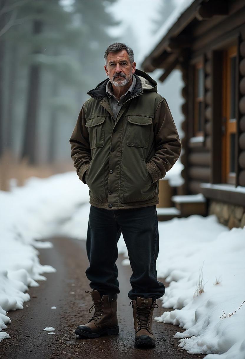 A white man standing on a dirt path near a cabin in layered flannel, work boots, and oversized baggy jeans, with his full outfit displayed.