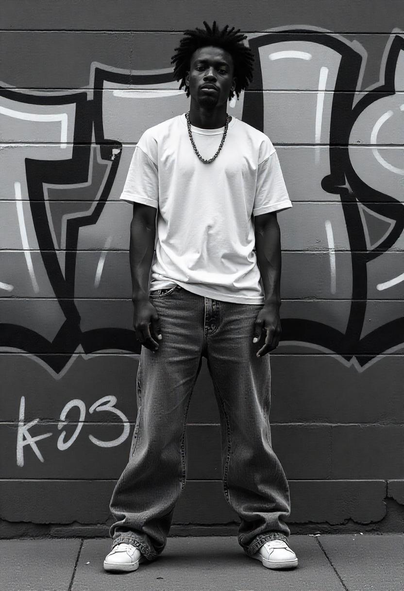 A Black man standing in front of a colorful mural in oversized acid wash baggy jeans, a tucked-in tee, and a gold chain, his outfit fully visible.