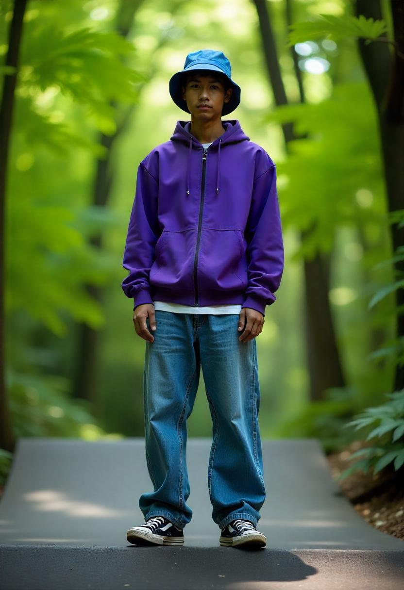 An Asian man standing near a skate ramp at sunset in oversized denim baggy jeans, a windbreaker, and a bucket hat, with the full outfit shown.