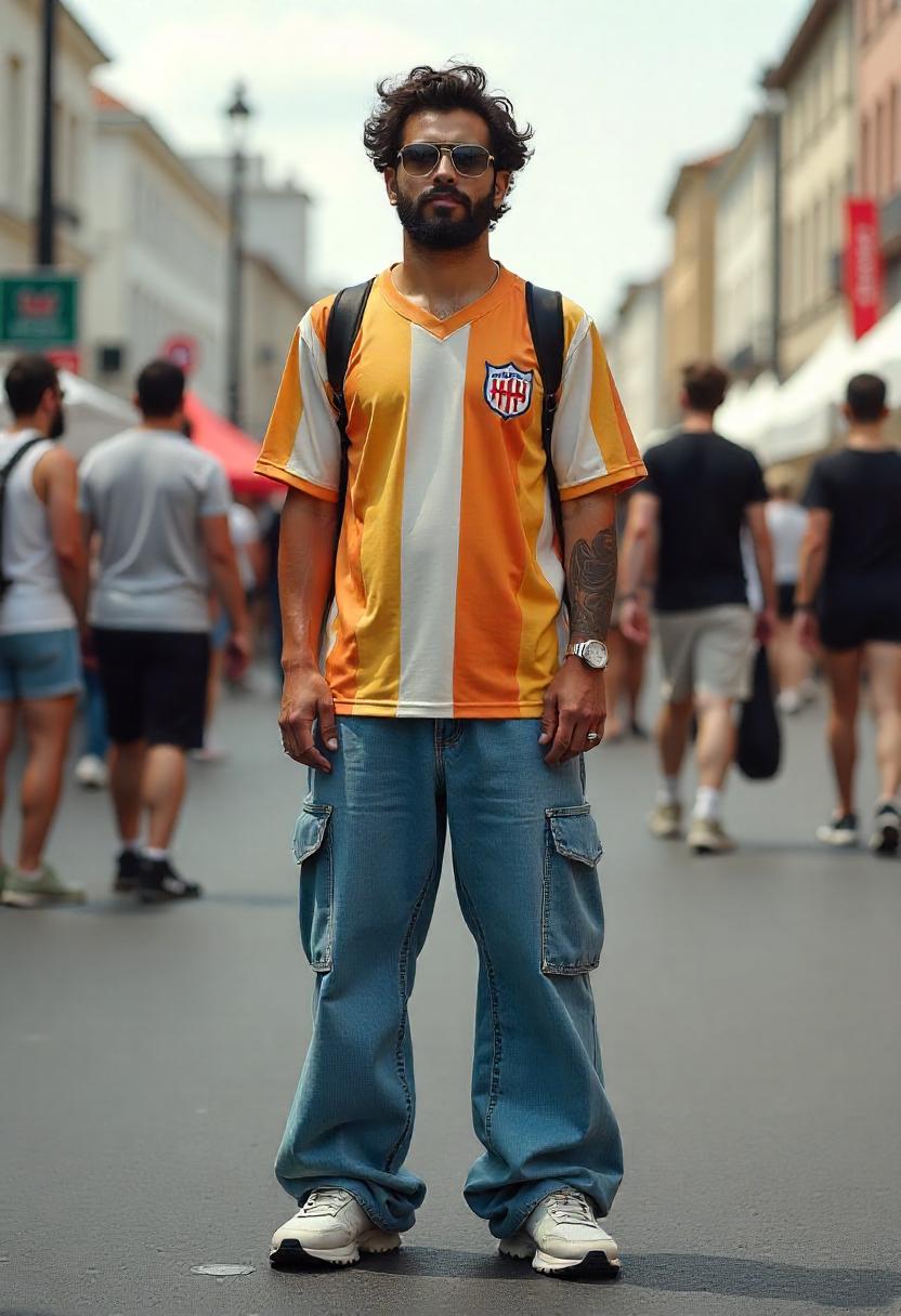 A Latino man standing at a city festival scene in wide-leg oversized baggy jeans, an oversized jersey, and retro sneakers, his full outfit clearly displayed.