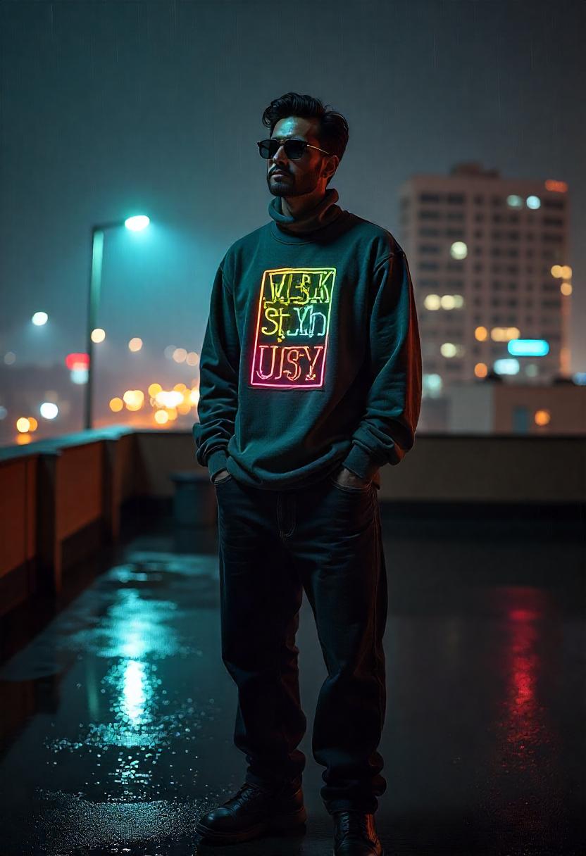 A Middle Eastern man standing on a rooftop with skyline views, wearing oversized baggy jeans, a turtleneck under a graphic tee, and shades, outfit fully shown.