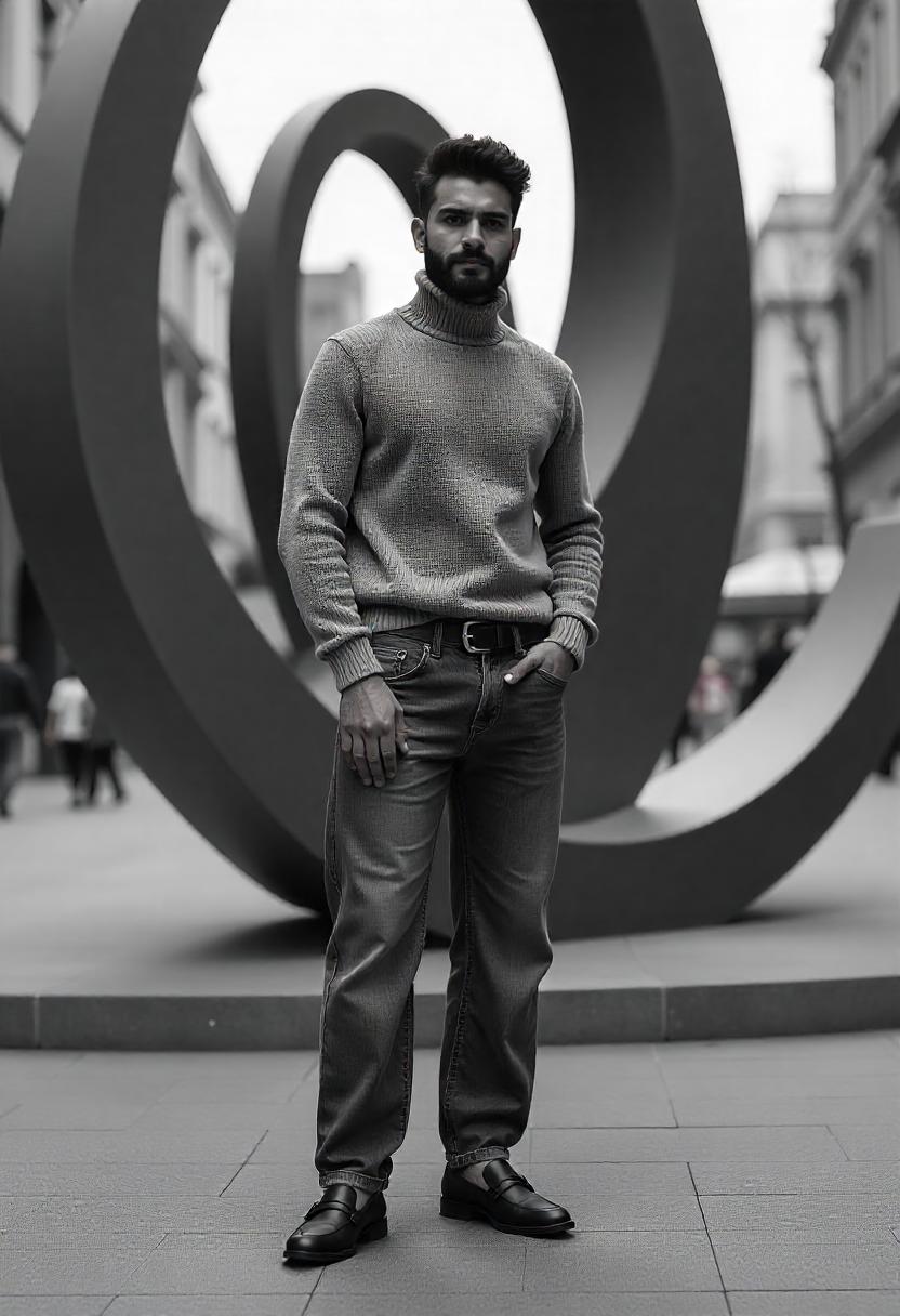 A South Asian man standing near a modern sculpture in an urban plaza, wearing tailored oversized baggy jeans, a turtleneck sweater, and loafers, full outfit displayed.