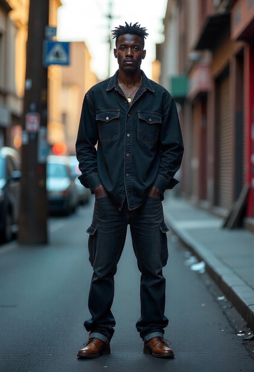 A Black man standing on a city street corner in dark oversized baggy denim jeans, a crisp button-up shirt, and derby shoes, his outfit fully shown.