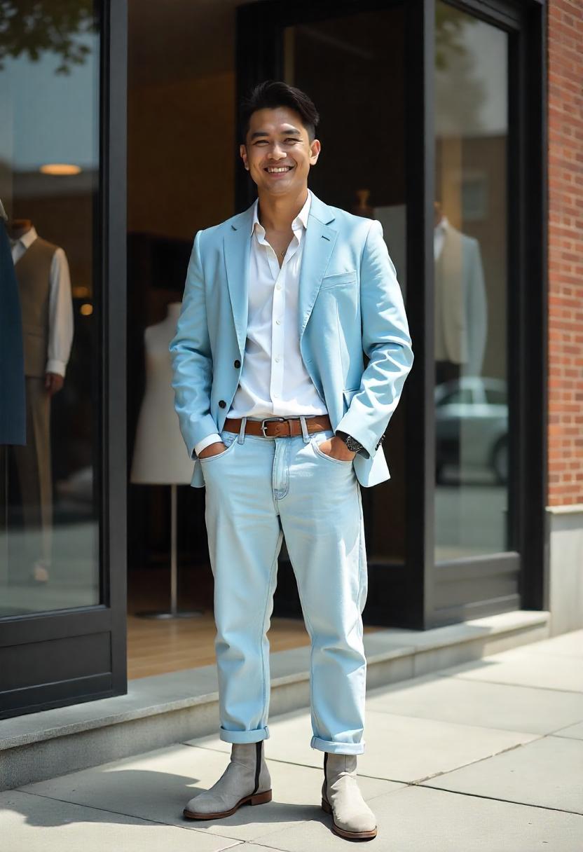 An Asian man standing in front of a high-end retail storefront in oversized light baggy jeans, a structured blazer, and suede boots, with the outfit fully visible.
