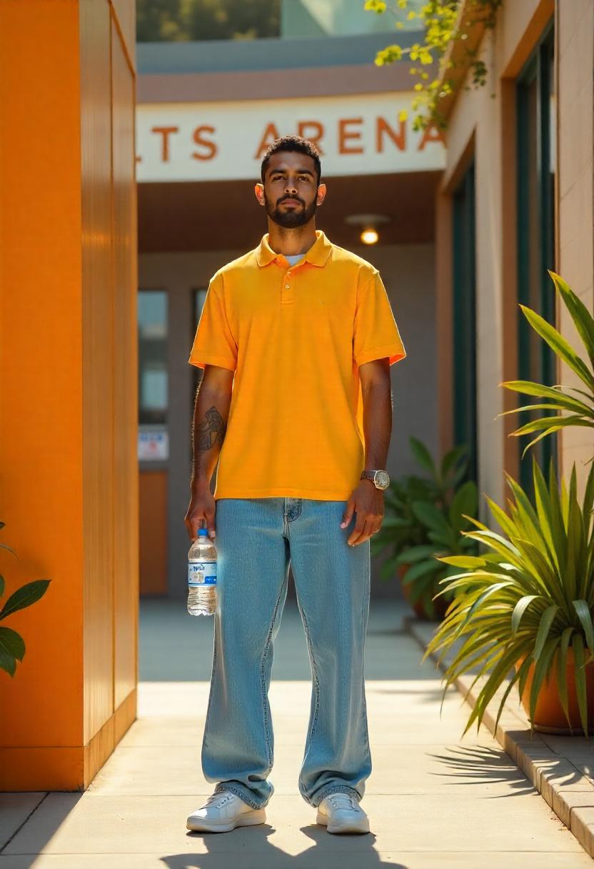 A Latino man standing at a sports arena entrance in mid-wash oversized baggy jeans, a polo shirt, and minimal sneakers, outfit clearly shown.