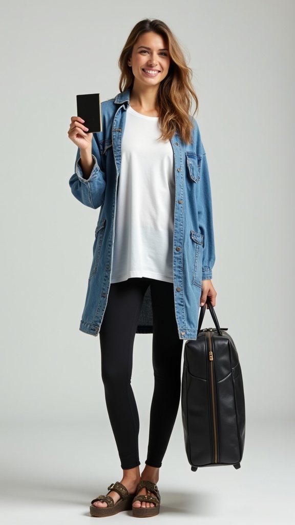woman in soft black leggings, an oversized white tee, a denim shacket